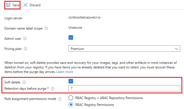 Screenshot showing the option to enable soft delete in the Azure portal.