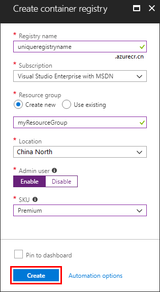 Configuring a container registry in the Azure portal