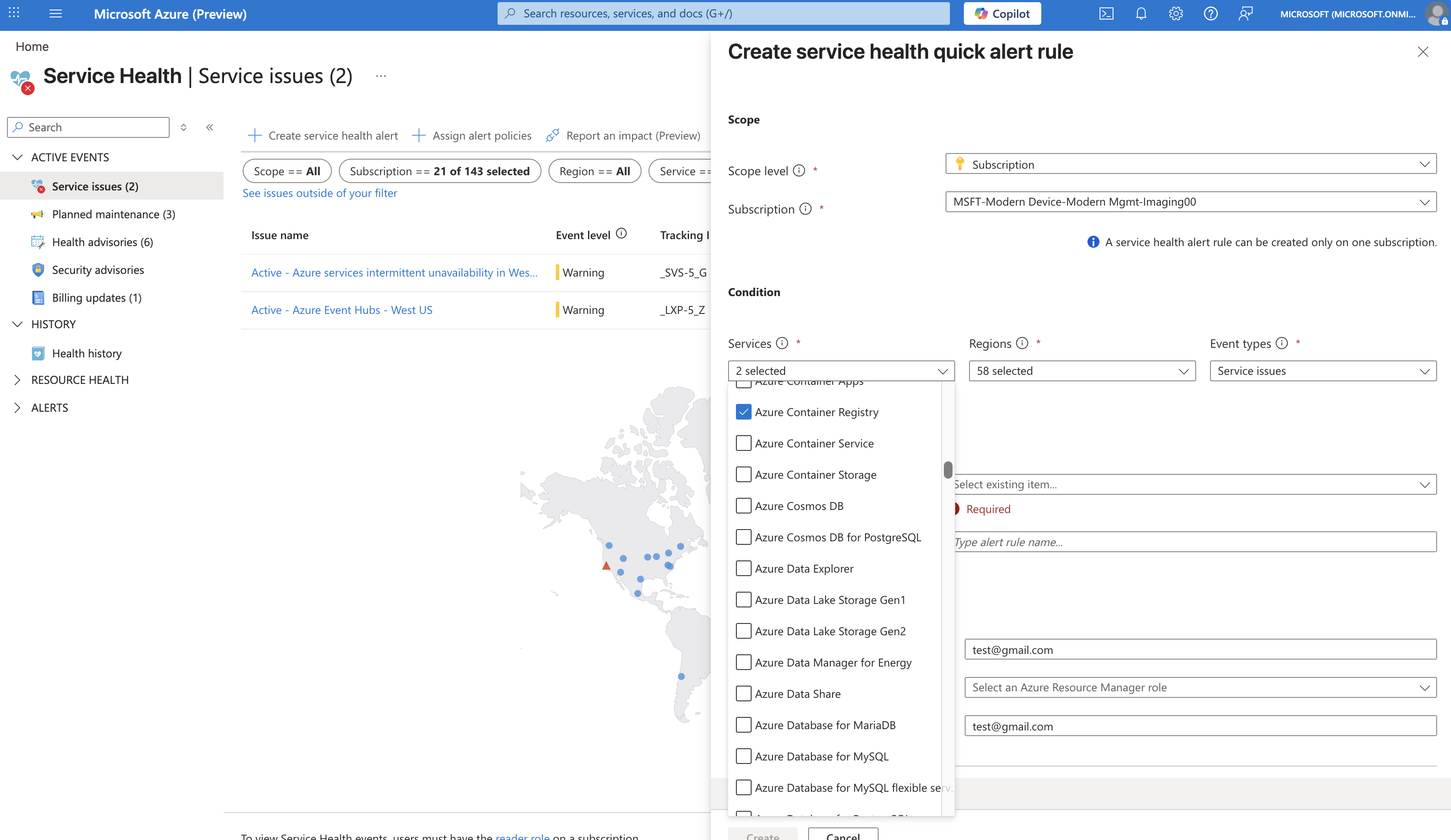 Screenshot of the Azure Service Health alert creation page showing configuration options for Azure Container Registry.