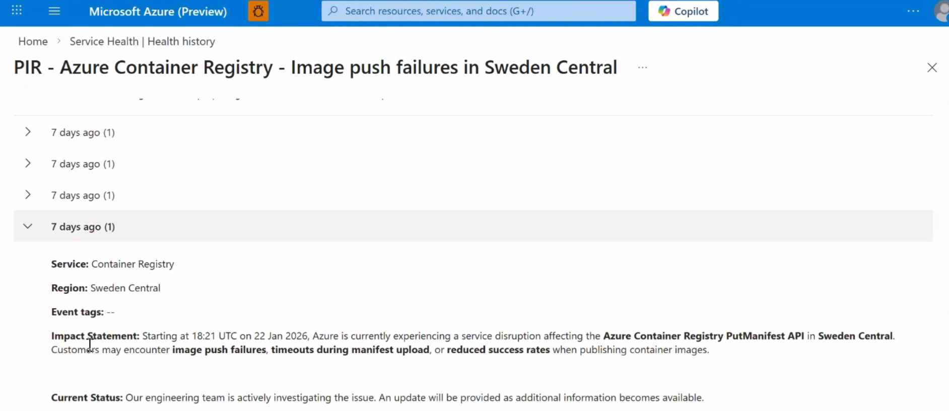 Screenshot of the Azure Service Health history showing past service events for Azure Container Registry.