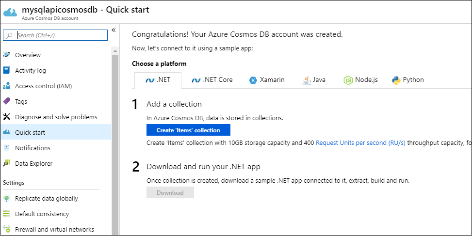 The Azure Cosmos DB account page