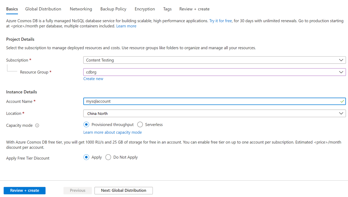 The new account page for Azure Cosmos DB