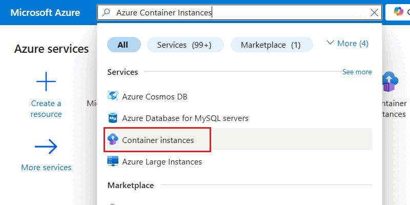 Screenshot of the 'Container instances' option selected in the search menu.