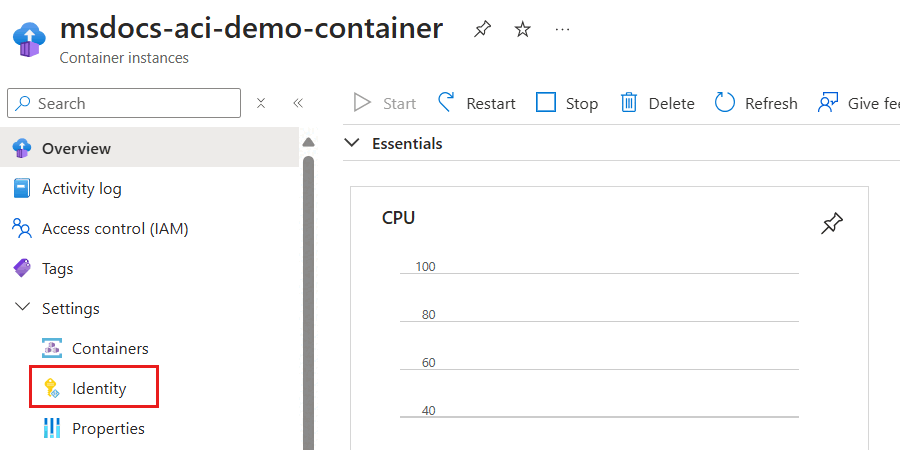 Screenshot of the 'Identity' option in the service menu for the container instance.