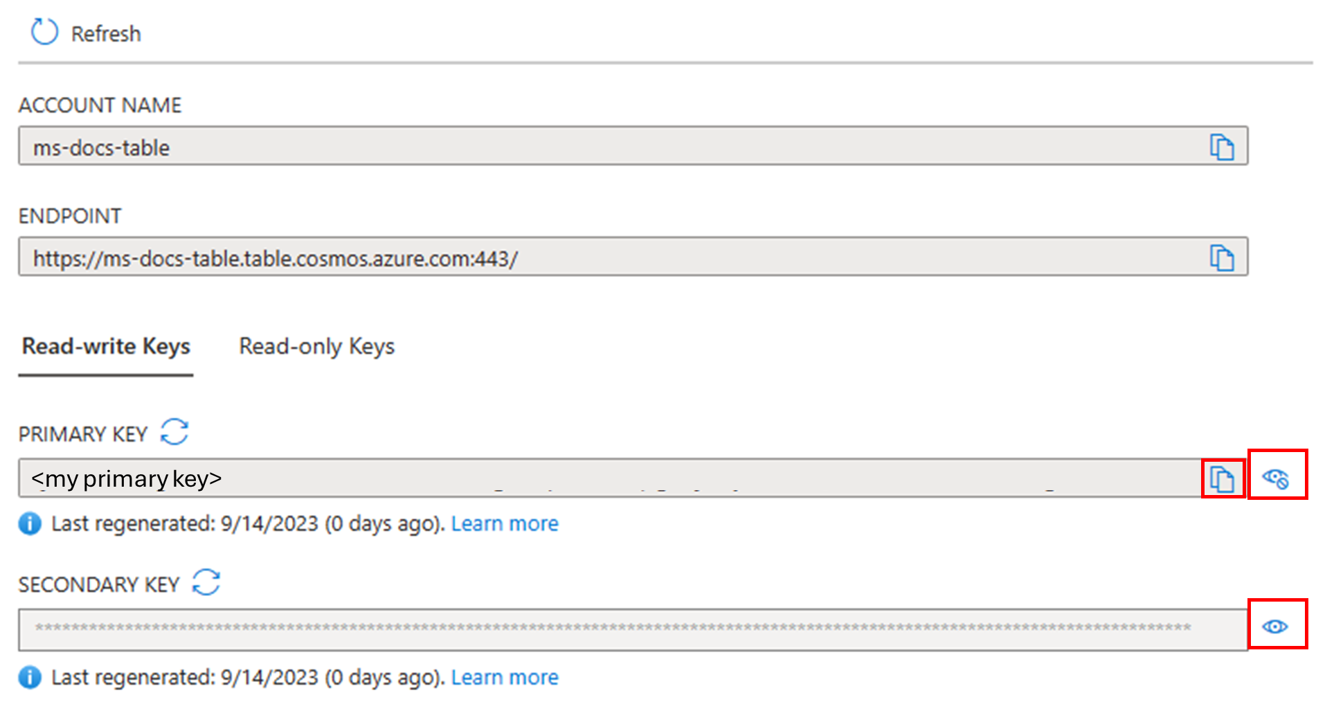 Screenshot of the View account key for Azure Cosmos DB.