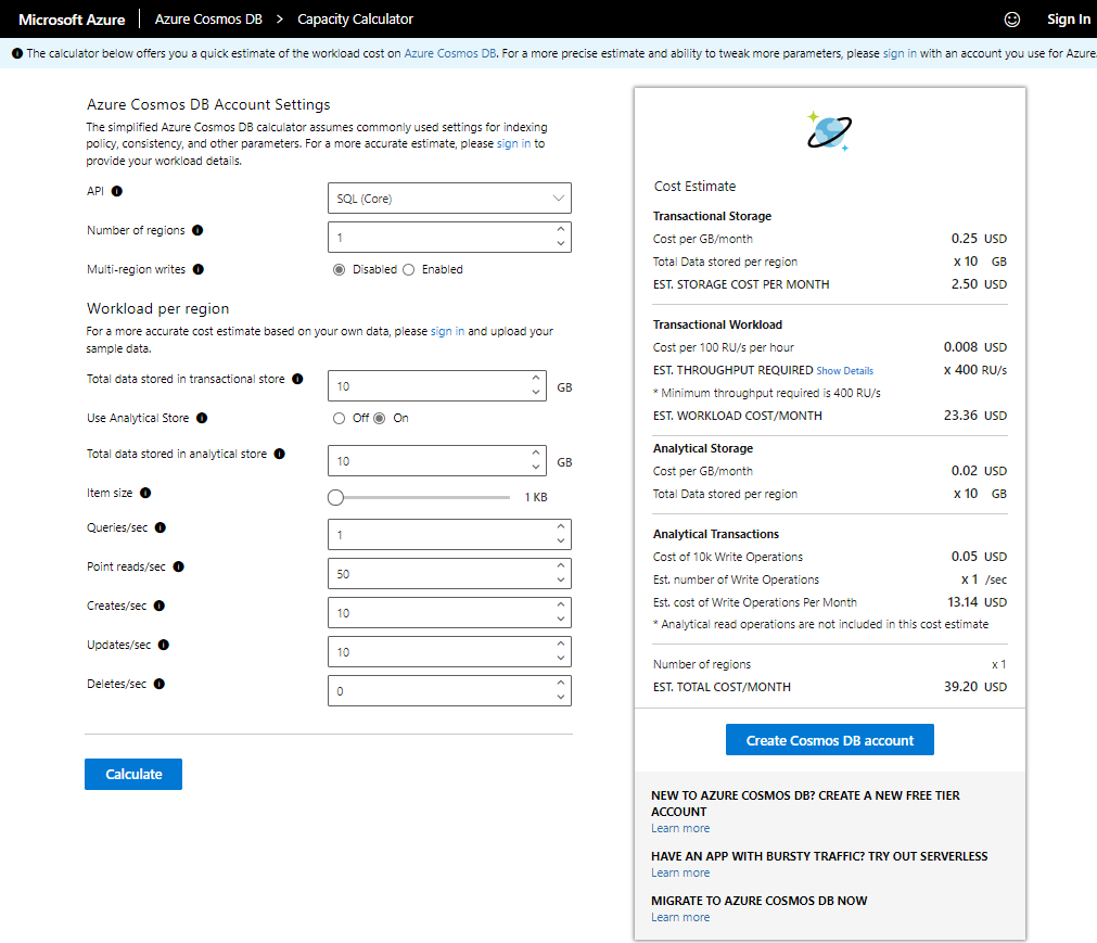 Capacity planner basic mode