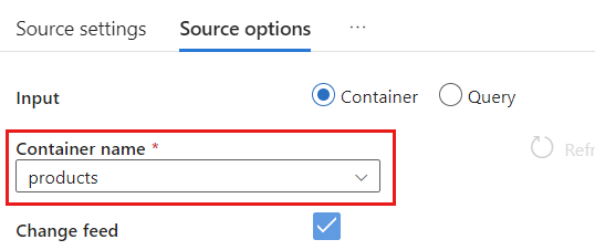 Screenshot of a source container selected named products.