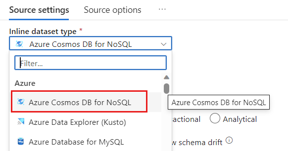 Screenshot of selecting Azure Cosmos DB for NoSQL as the dataset type.
