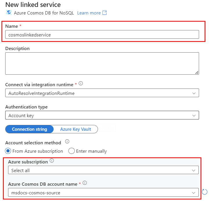 Screenshot of the New linked service dialog with an Azure Cosmos DB account selected.