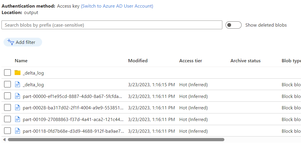 Screnshot of the output files from the pipeline in the Azure Blob Storage container.
