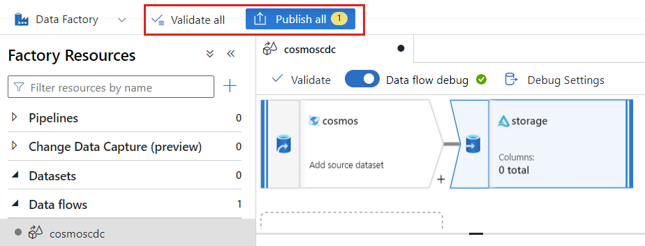 Screenshot of the option to validate and then publish the current data flow.