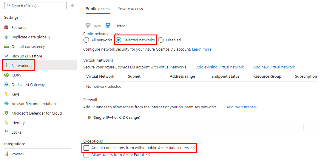Screenshot showing how to accept connections from Azure datacenters