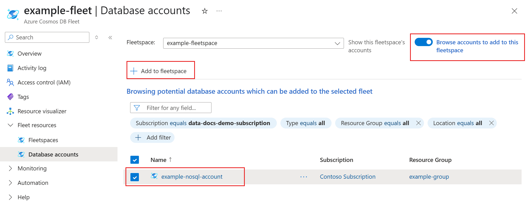 Screenshot of the page to register Azure Cosmos DB accounts with a fleetspace in the Azure portal.