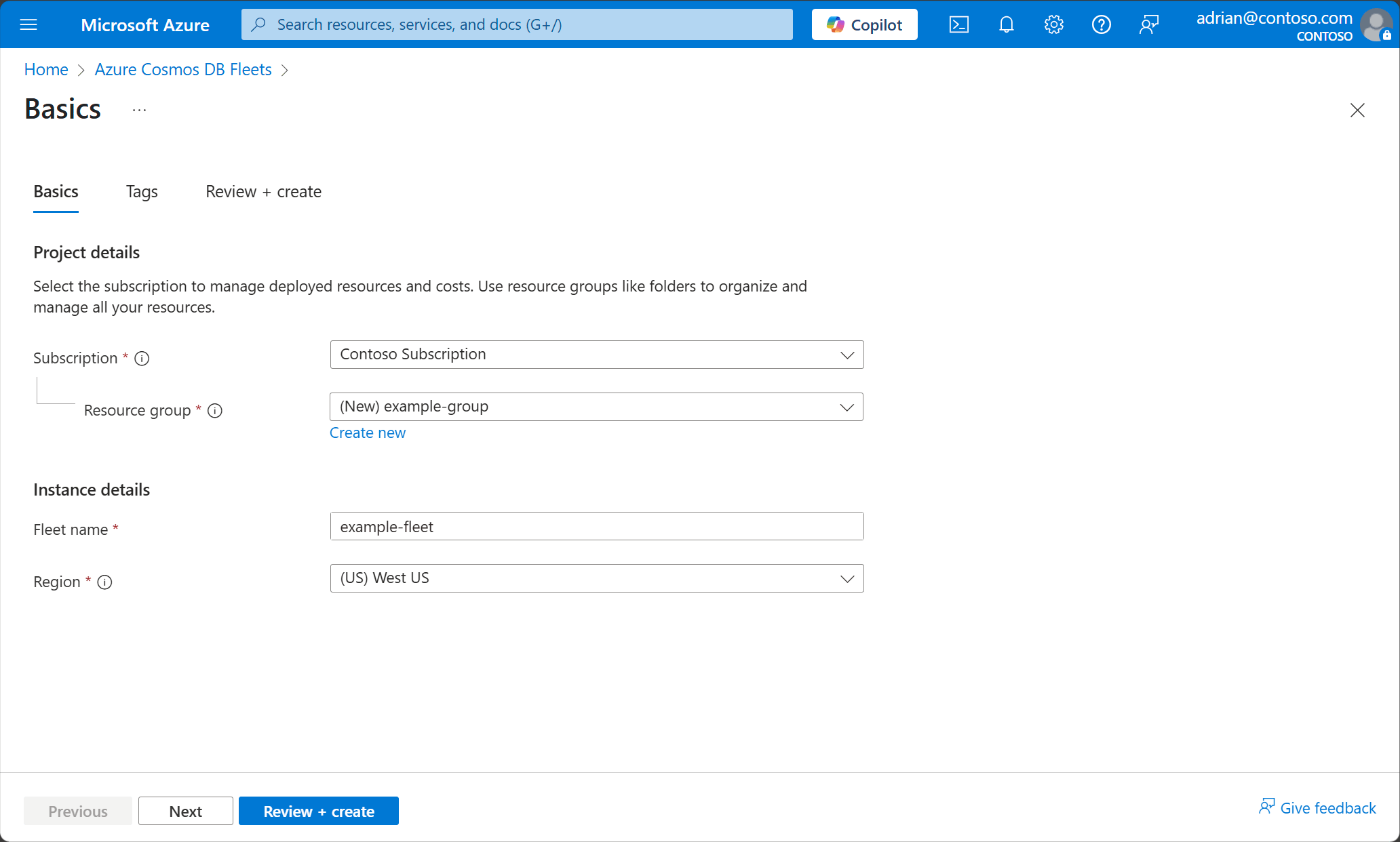 Screenshot of the fleet creation overview page in the Azure portal.