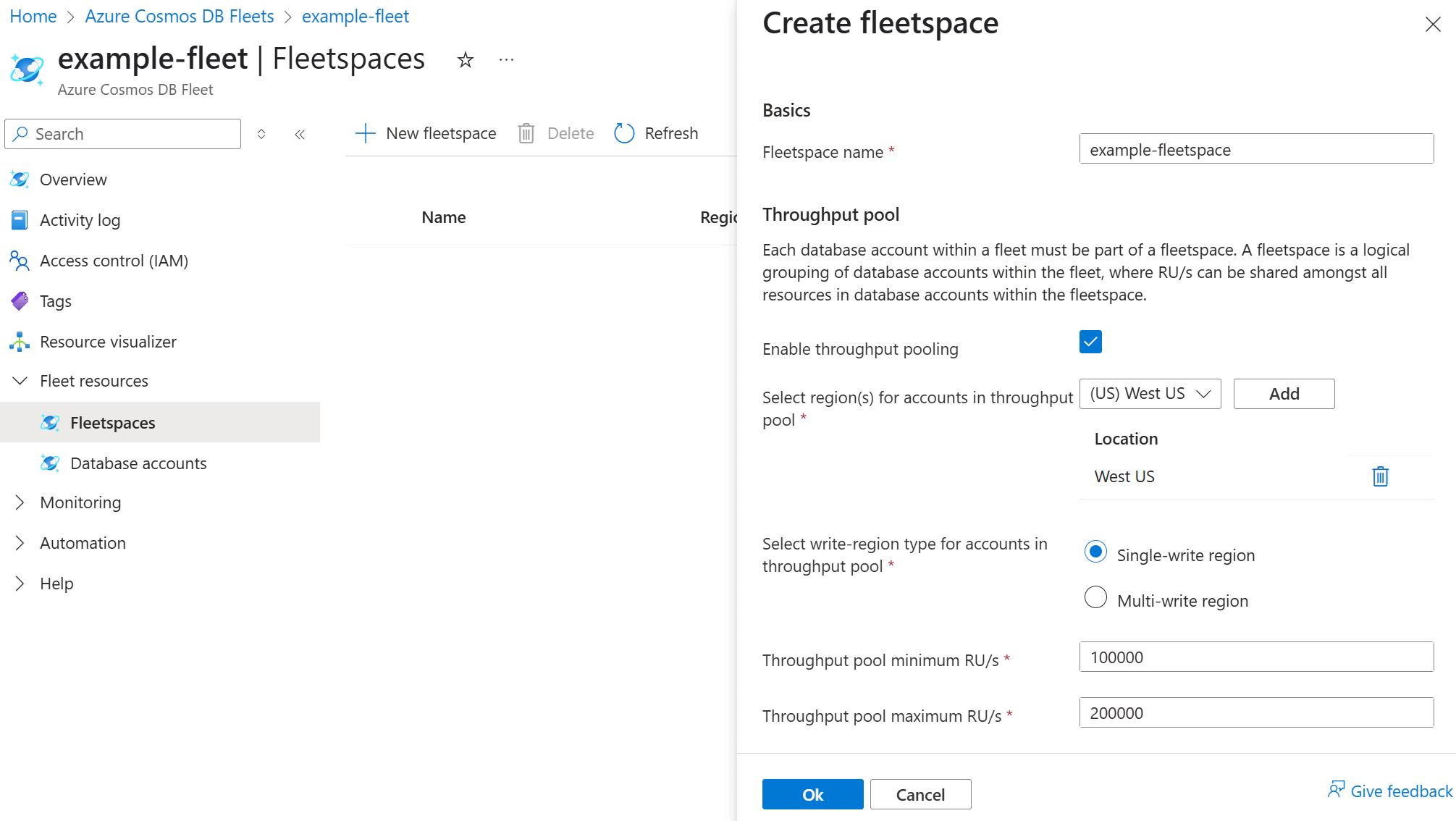 Screenshot of the fleetspace creation dialog in the Azure portal.