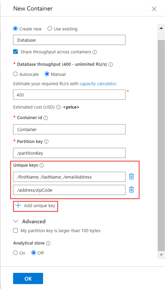 Screenshot of unique key constraint entry on Azure portal