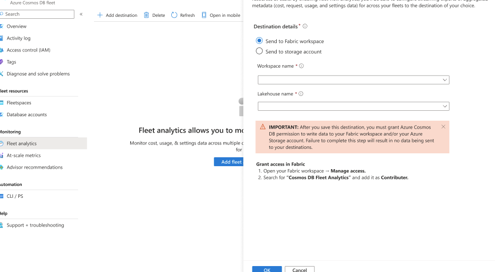 Screenshot of the fleet analytics dialog for a Fabric workspace in the Azure portal.