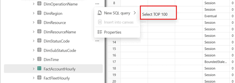 Screenshot of the context menu with the 'SELECT TOP 100' query option in the SQL endpoint explorer within the workspace.
