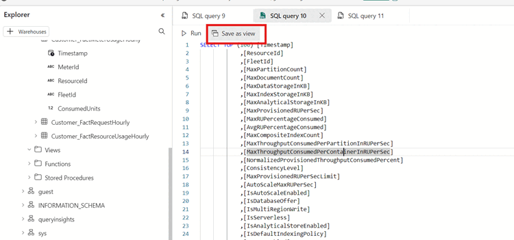 Screenshot of the 'Save as view' context menu option for a SQL query in the workspace.