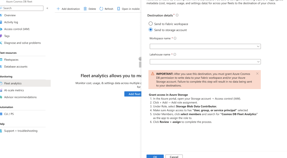 Screenshot of the fleet analytics dialog for an Azure Storage account in the Azure portal.