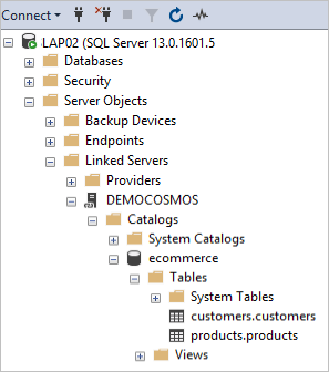 Screenshot showing a linked server in S S M S.