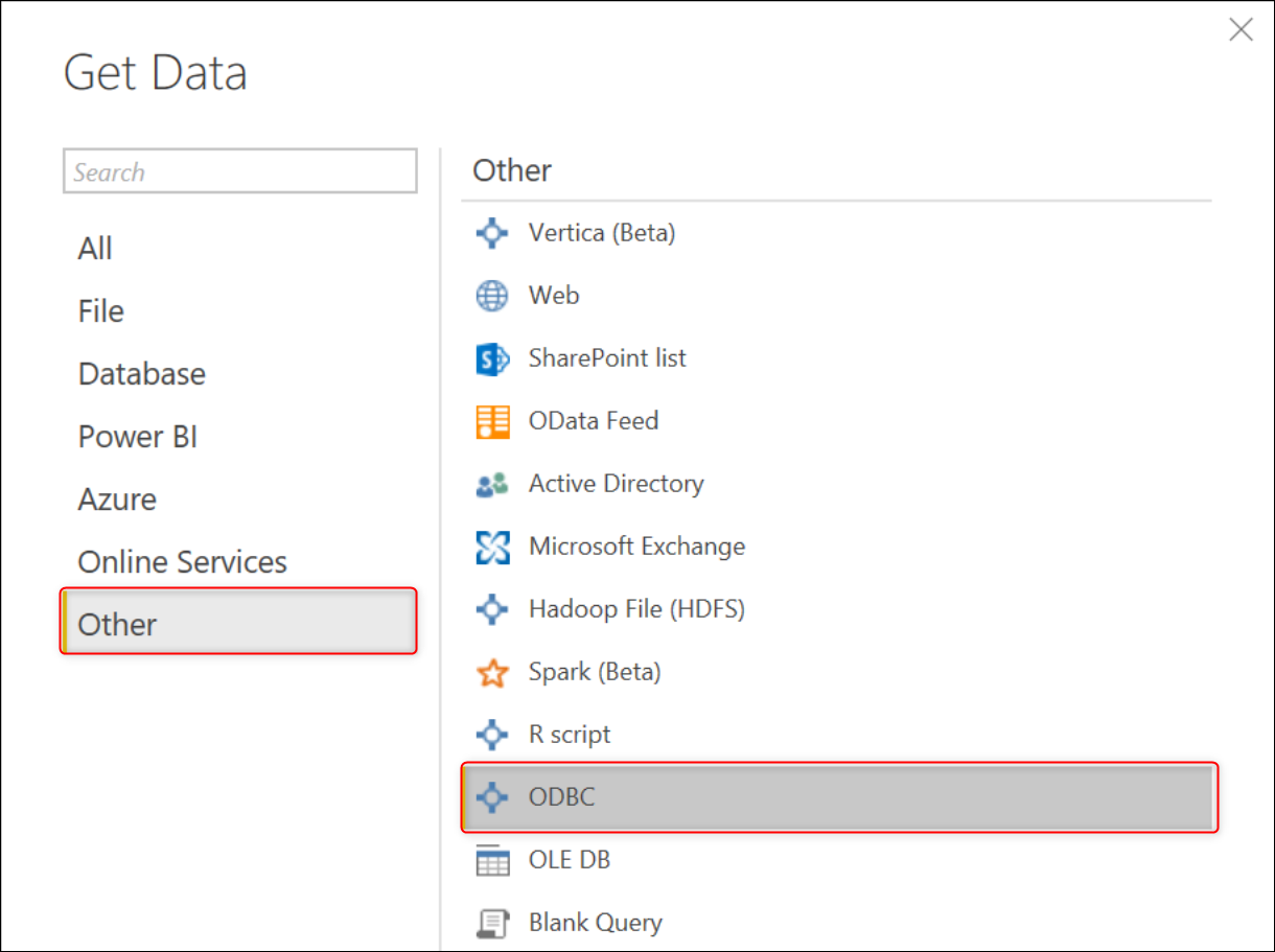 Screenshot that shows choosing ODBC data source in Power B I Get Data.