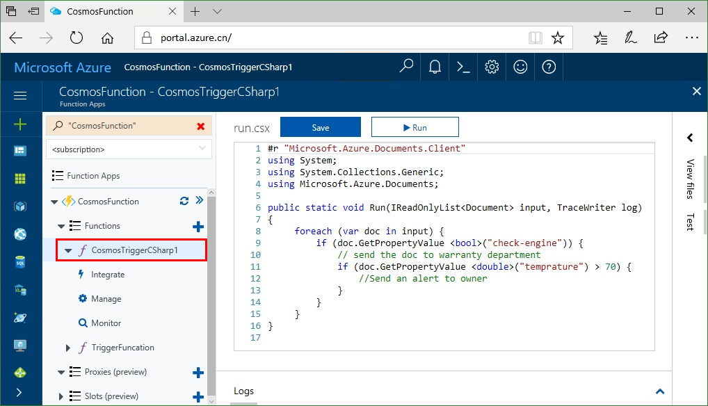 Create an Azure Functions trigger for Azure Cosmos DB in the Azure portal