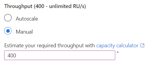 Screenshot of the throughput settings for the database reduced down to 400 RU/s.