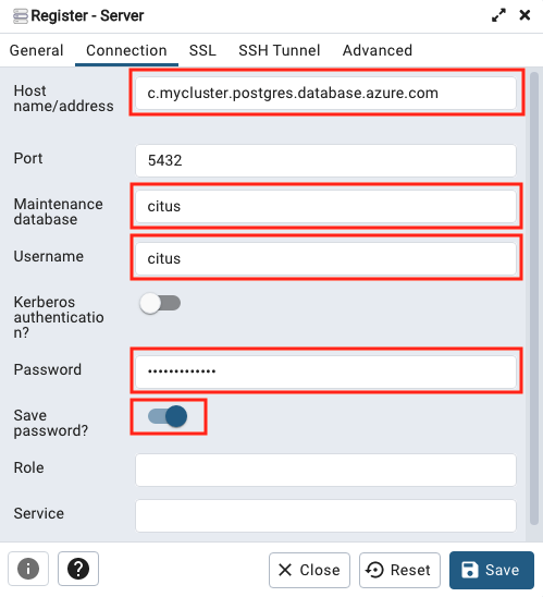 Screenshot that shows the pgAdmin connection settings.