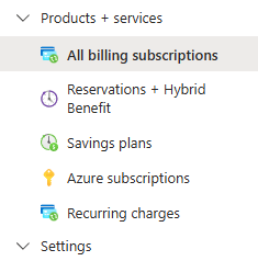 Screenshot of the Azure portal navigation showing Cost Management + Billing and the list of subscriptions for selection.