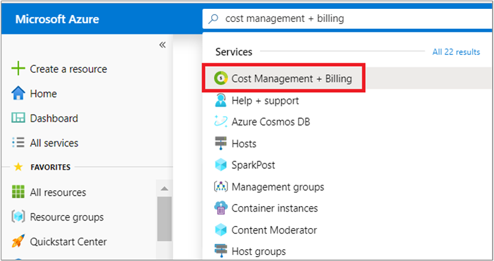 Screenshot that shows where to search in the Azure portal for Cost Management + Billing.