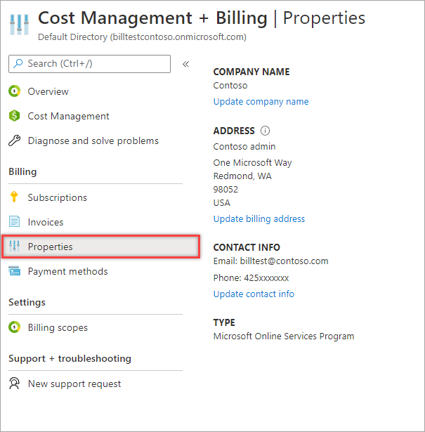 Screenshot that shows MOSP billing account properties.