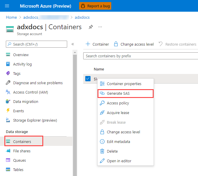 Screenshot of Azure portal with Containers selected. Specific container is right-clicked and a menu opens. Generate SAS is selected from this menu.