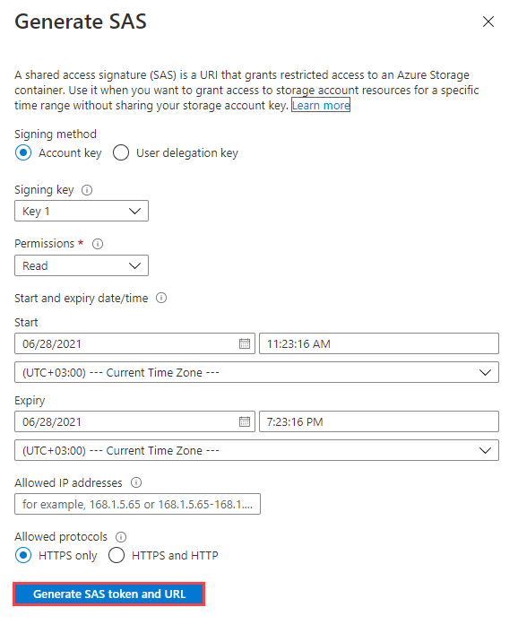 Screen shot of the Generate SAS dialog with information filled in and Generate SAS token and URL selected.