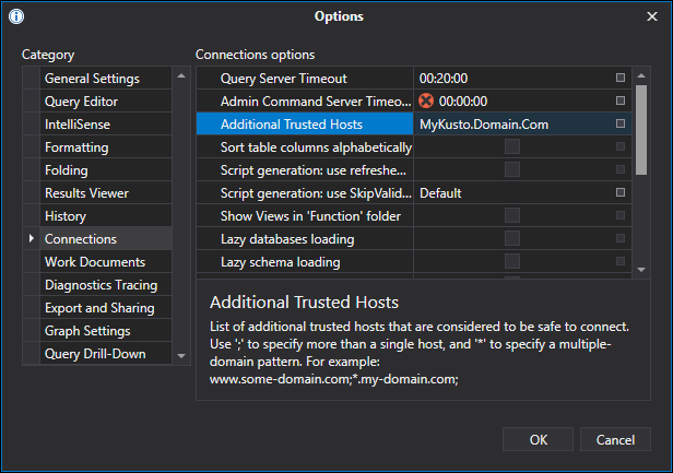 Screenshot of the Options editor open with the Additional Trusted Hosts field highlighted.