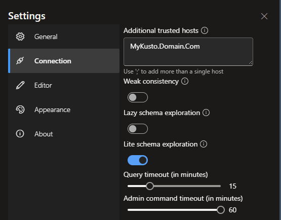 Screenshot of ADX Settings editor open with the Additional trusted hosts field highlighted.