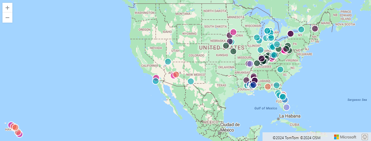 Screenshot of sample storm series events on a map.