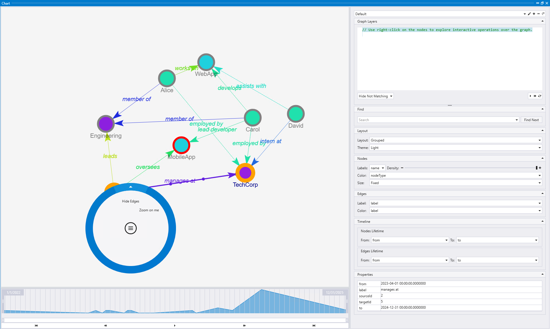 Screenshot of graph edge action in Kusto Explorer showing a context menu on the selected edge.