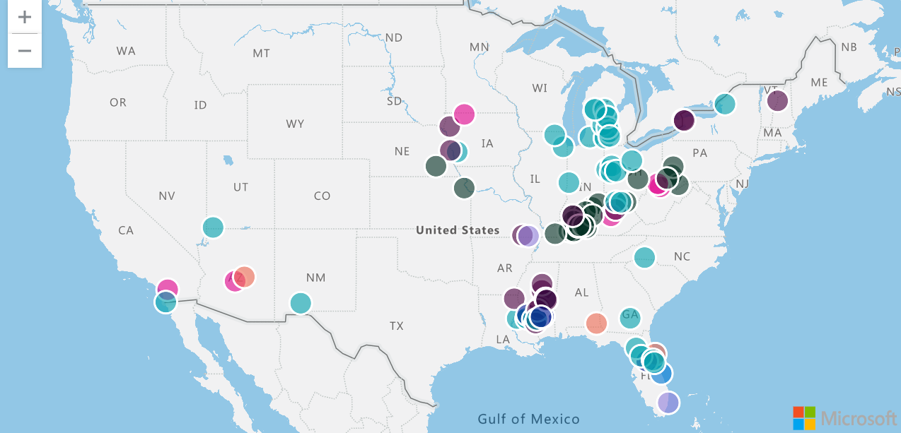 Screenshot of sample storm events on a map by type.