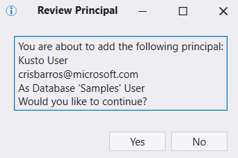Screenshot of the Review Principal window showing a confirmation request for adding an authorized principal.