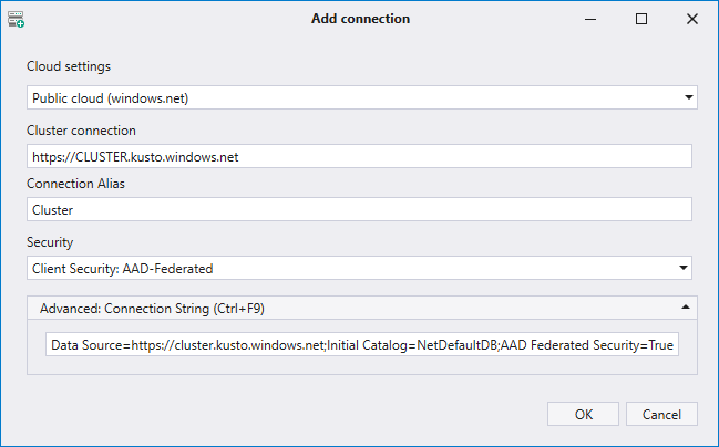 Screenshot of the Add Connection pane showing the option titled Advanced Connection String.