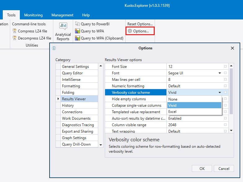Screenshot of Kusto Explorer color scheme modification.
