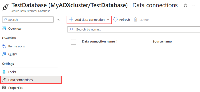 Screenshot of the data connections page. The option to add a data connection is highlighted.