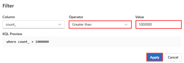 Screenshot of the filter dialog box showing how to select an operator and a value.