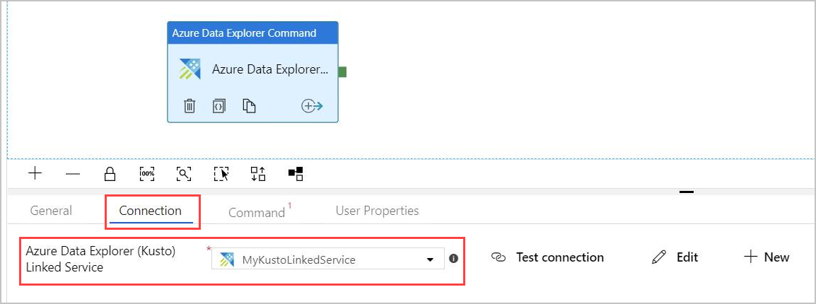 azure data explorer command activity connection tab.