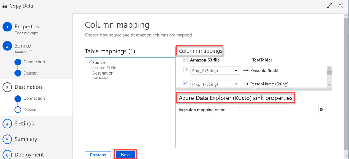 The destination dataset "Column mapping" pane