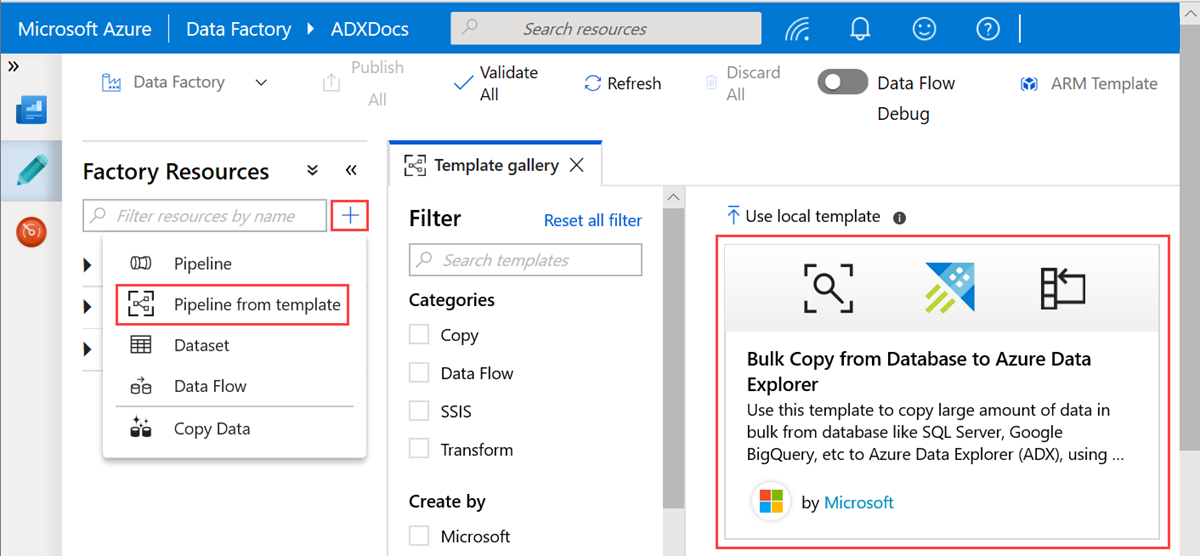 The "Bulk Copy from Database to Azure Data Explorer" template