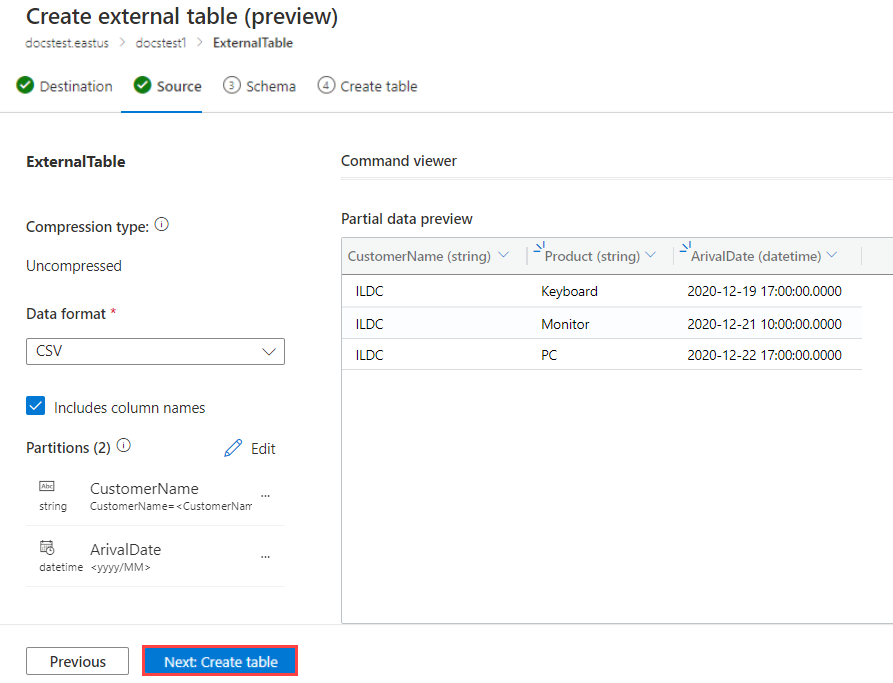 Screenshot of schema external table Azure Data Explorer.