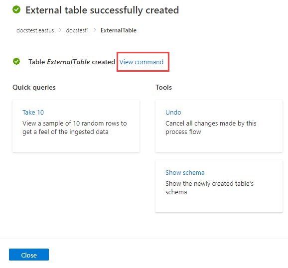 Screenshot of successful creation of external table in Azure Data Explorer.
