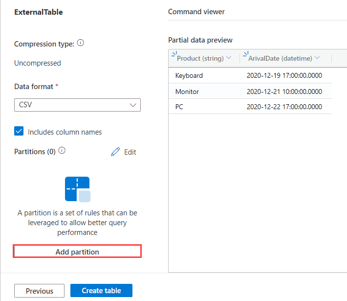 Screen shot of view file for external table in Azure Data Explorer.